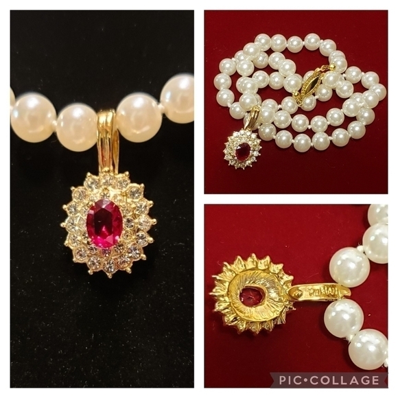 Roman Jewelry - Vintage Roman Necklace Enhancer Pendant Faux Ruby & Pearls Lovely Pretty